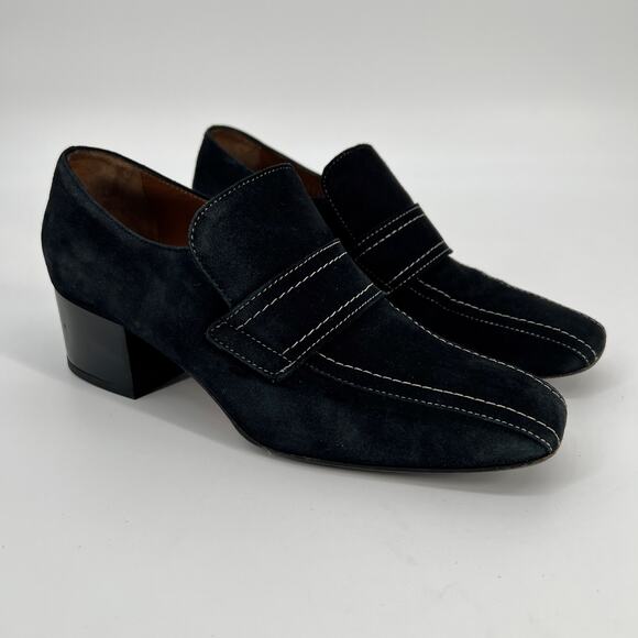 Aquatalia Carmeline Loafer Womens 10 Black Suede Leather Heeled Square Toe Italy - Picture 1 of 9